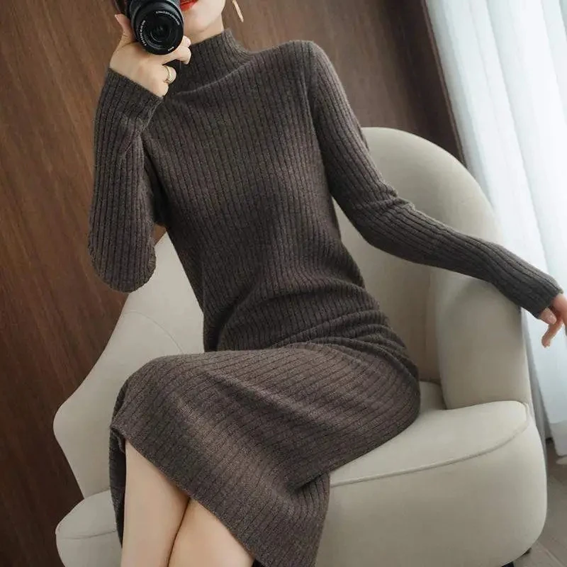 

2023 Elegant Long knee length Sweater Dress For Women Clothes Autumn Winter Half Turtleneck Pullover Knit Dress Jersey top AC812