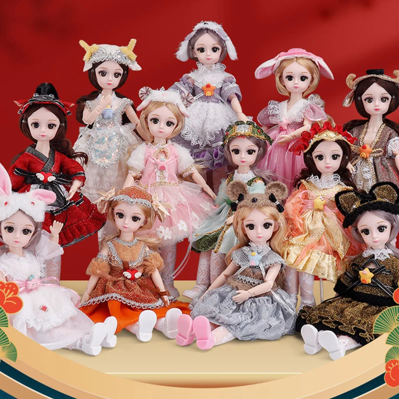 

12 Zodiac BJD Doll 30cm 1/6 Cartoon 3D Eye 13 Joint Moveable Simulation Princess Clothes Dress Up Girl Gift Child Play House Toy