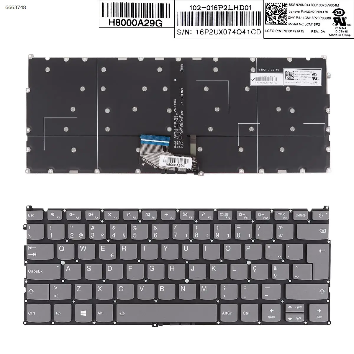 

Клавиатура PO для ноутбука Lenovo IdeaPad 320-13 320S-13IKB 720S-14IKB с серой подсветкой без рамки
