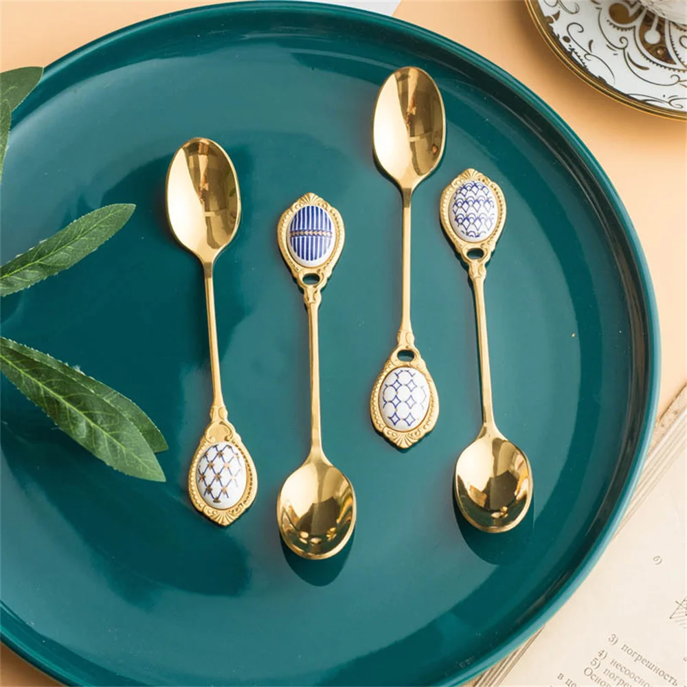 

Golden Stainless Steel Spoon Light Luxury Coffee Spoon Creative Coffee Milk Stirring Spoon Elegent Ceramic Dessert Honey Spoons
