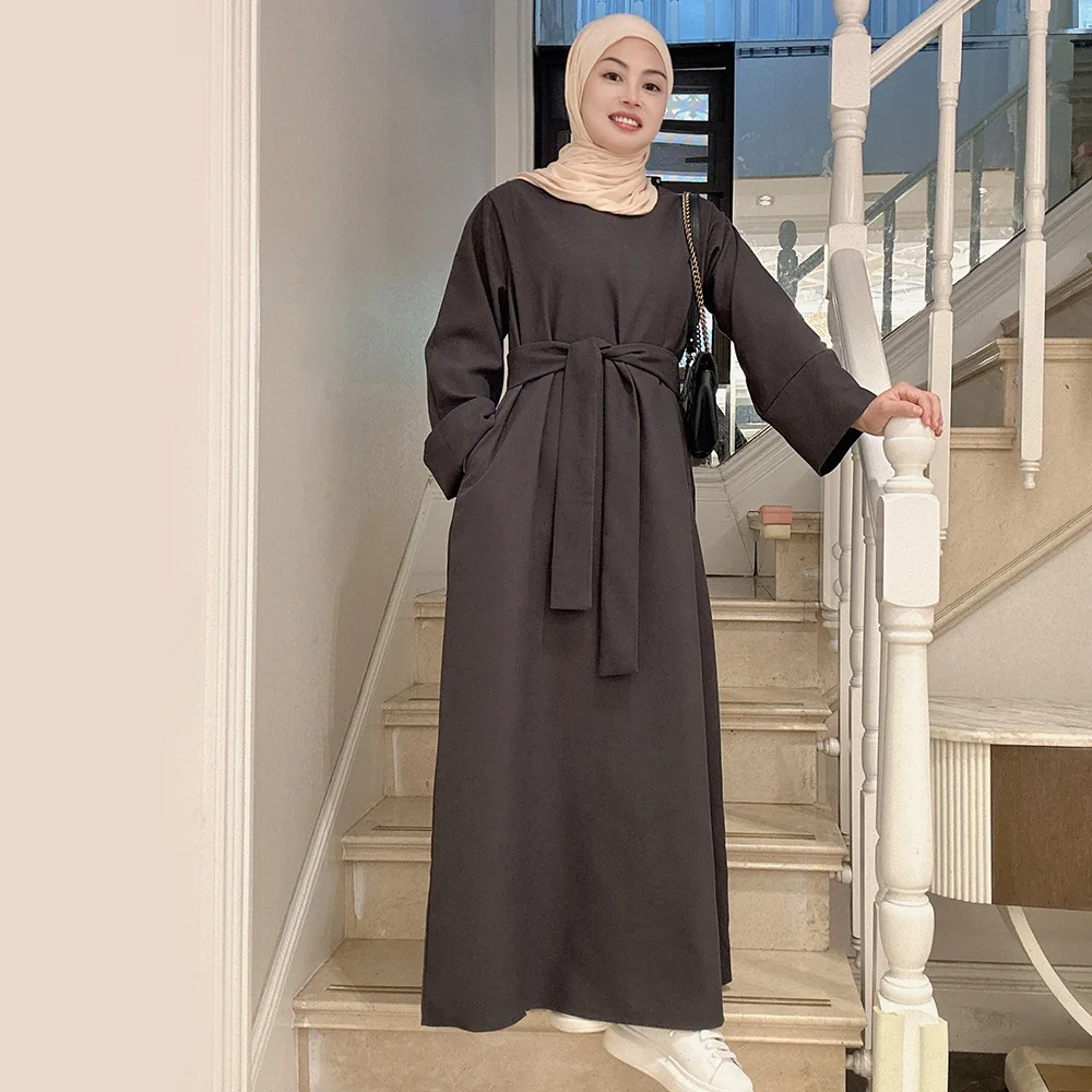 Muslim Woman Abaya Dress Dubai Turkey Belted Fashion Hijab Long Dresses Islam Ramadan Clothing Kaftan Moroccan Kimono
