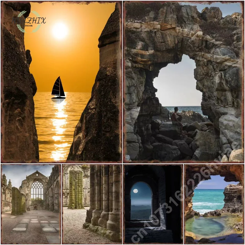 

Natural Caves Metal Signs Sunrise Sunset Moon Simple Style for Living Room Bedroom Home Decor Wall Art and Picture Tin Plaques