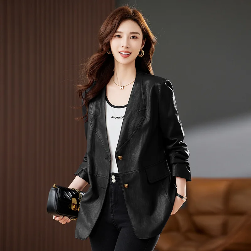 Women's Fashionable Autumn Casual Elegant Western-style Leather Jacket Long Sleeve PULeather For High-end Clothing