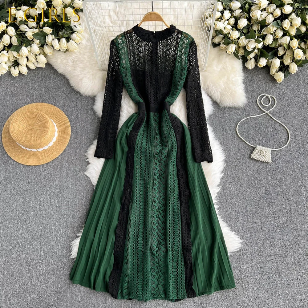 

E GIRLS Women Fashion Autumn Winter Round Neck Thin Contrast Color Splicing Hollow Lace A-line Dress Long Sleeve Elegant
