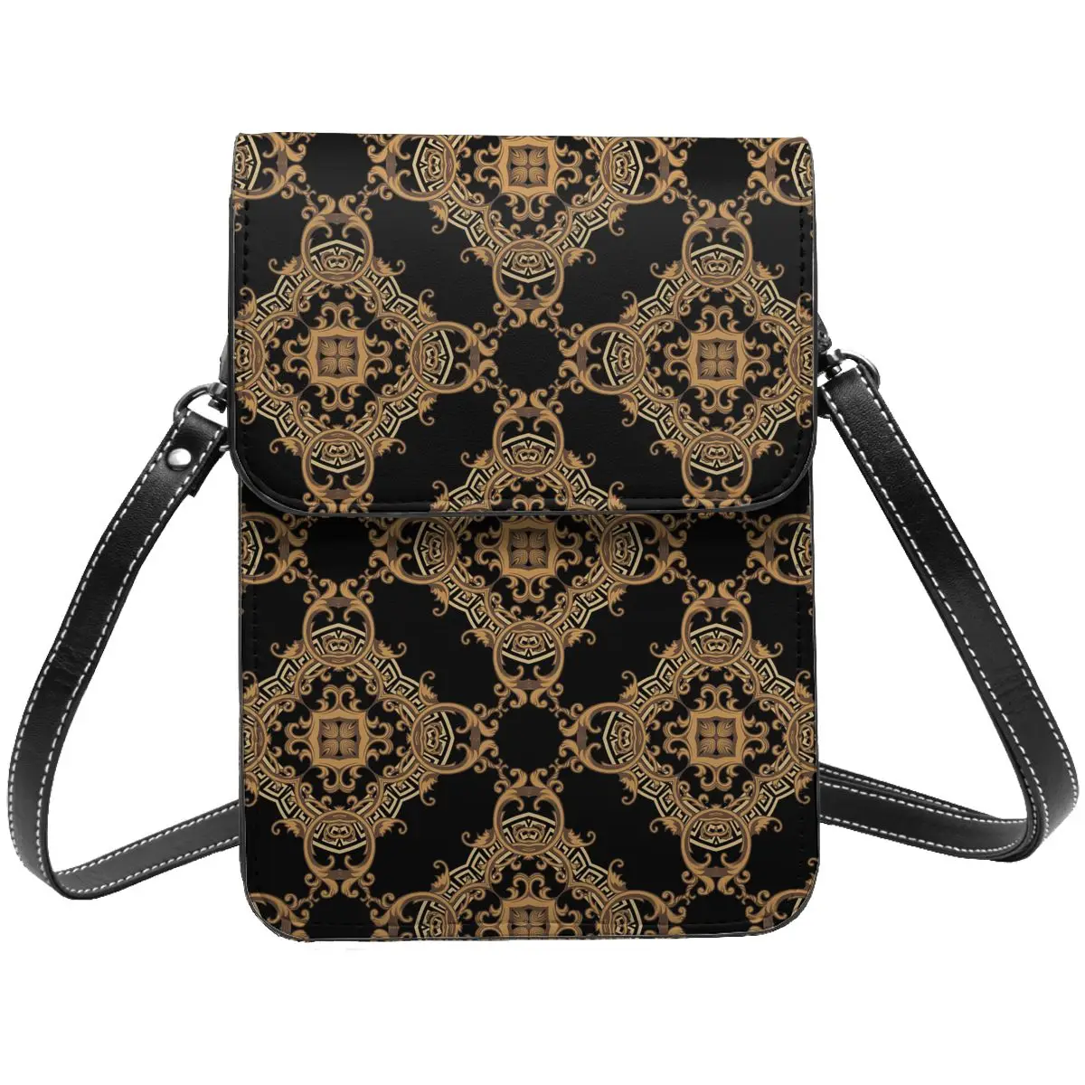 Baroque Floral Greek Key Cell Phone Purse Leather Card Case Stylish Woman Golden Flowers Meanders Luxury Mini Shoulder Bag