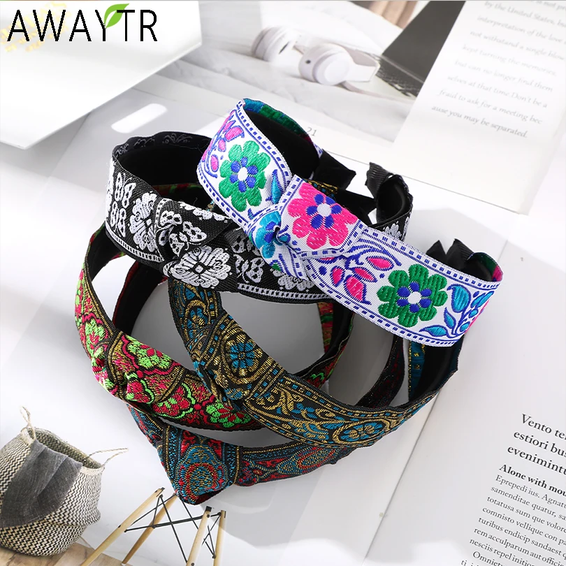 

AWAYTR Ethnic Hairband Embroidery Flower/Leaf Headband Head Bezel for Women Retro Cross Knotted Hair Hoop Headbands Headwear