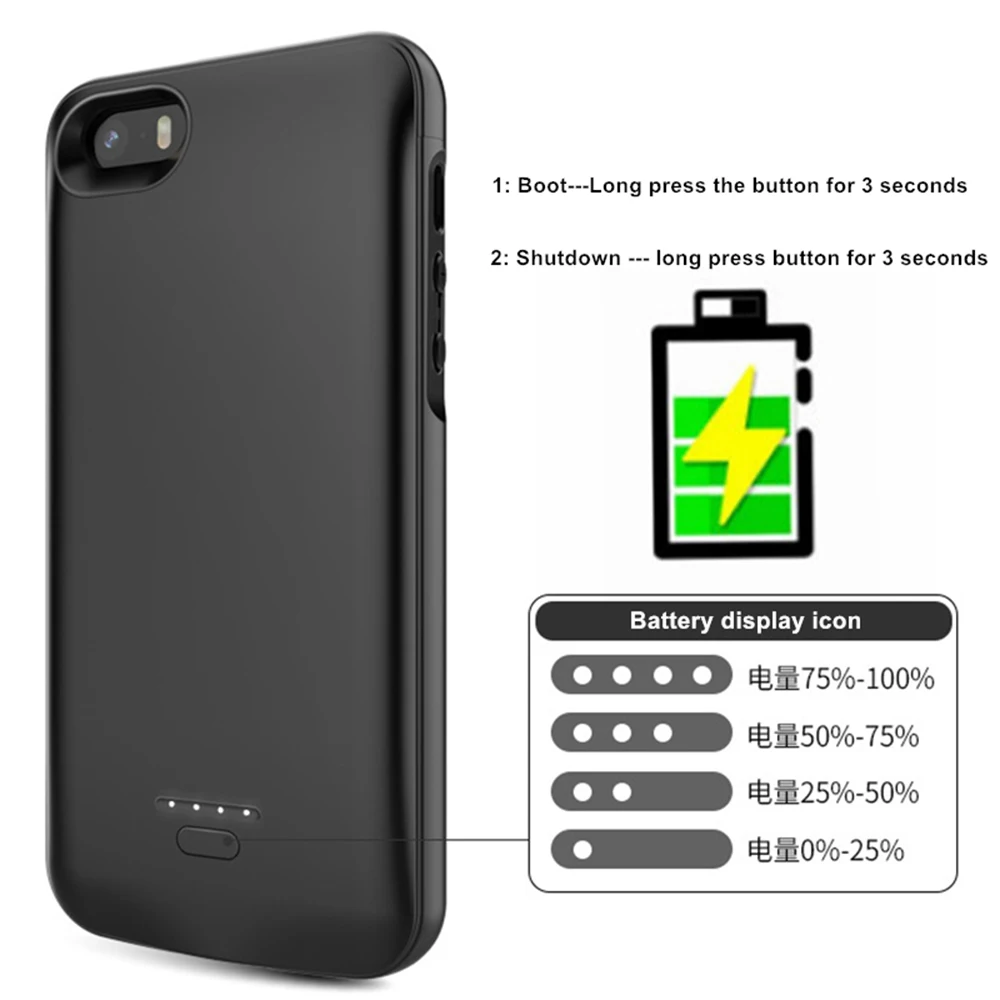 

For iphone 5 Battery Case 4000Mah Backup Cover Smart Charge For iphone 5 Battery Case 5S SE Battery Case Power Bank