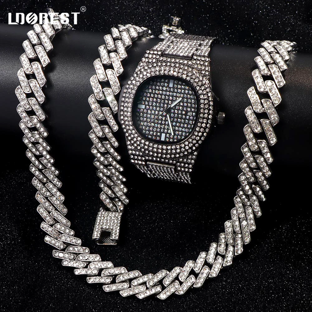 3PCS Hip Hop Watch+Necklace+Bracelet Iced Out Cuban Link Chain Necklaces Choker For Men Women Shiny Crystal Paved Rock Jewellery