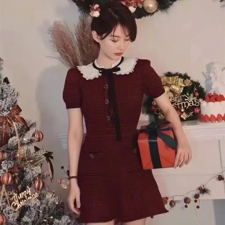 

Новинка 2022, Ранняя весна, трикотажное кружевное платье с воротником-зонтиком, женское мини-платье