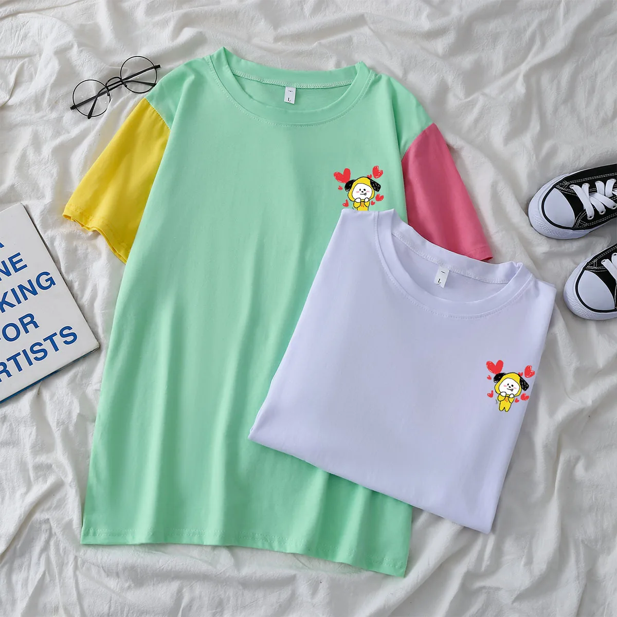

2022 Summer New Anime Series Korean Women's Shirts Cotton T-shirts Cute Cartoon Retro Harajuku Style Street Tops Women