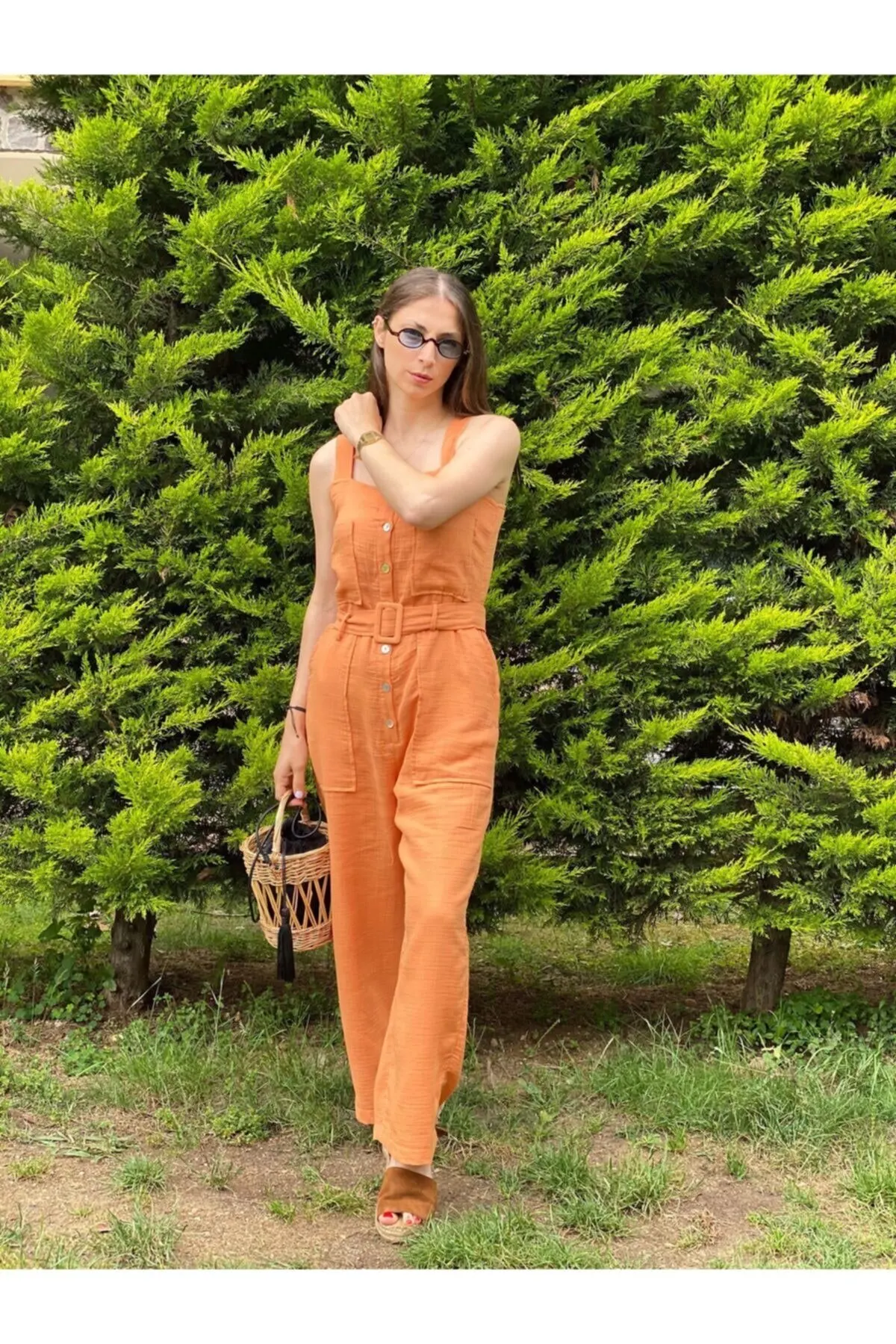 

Женский комбинезон, оранжевый льняной комбинезон с поясом, качественные тканевые мешковатые брюки без рукавов, повседневный комбинезон