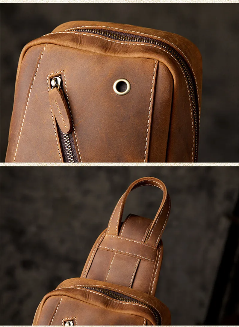 Retro fashion handmade design top first layer cowhide men chest bag outdoor leisure crazy horse cowhide motorcycle messenger bag