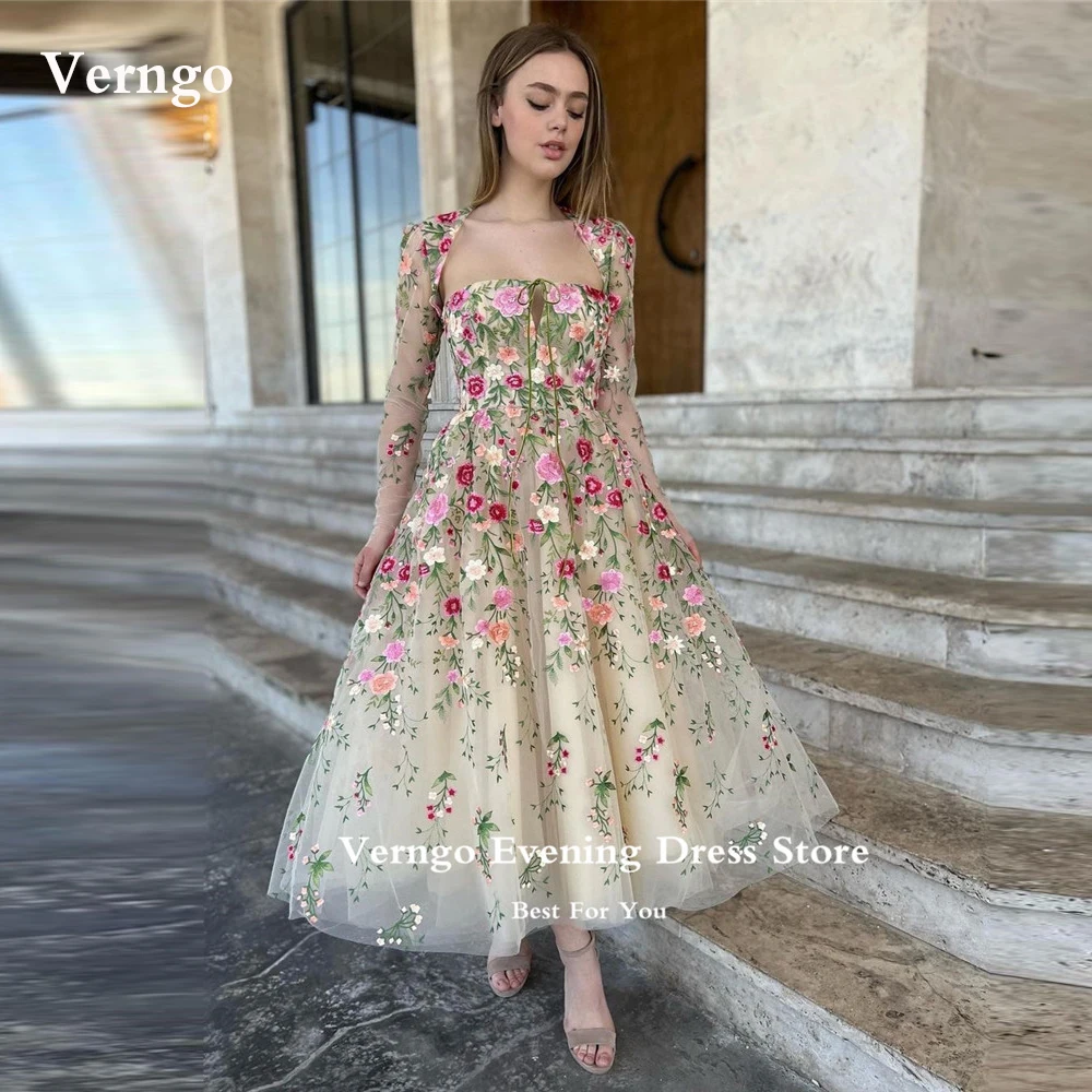 

Вечерние платья Verngo с цветочным принтом, жакет с длинным рукавом, без бретелек, до щиколотки, для выпускного вечера, 2023