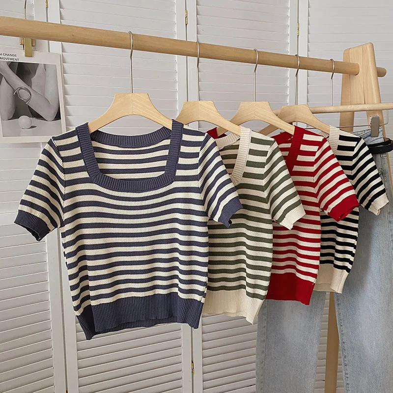 

Femme Korean Women's Chic T Shirt Harajuku Party Clothes Basic Square Neck Fashion Short Sleeve High Street Summer Sexy Tops