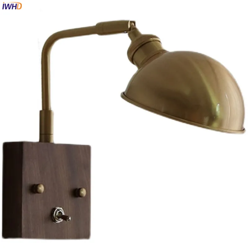 IWHD Copper Lampshade Modern Wall Lamp Beisde Left Right Rotate Knob Switch Wooden Canopy Bathroom Mirror Stair Light Luminaria