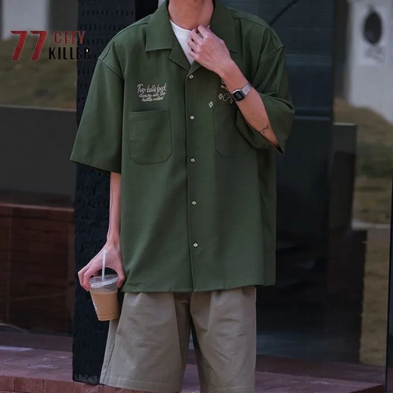 Summer Men's Workwear Short Sleeve Shirt Casual Fashion Loose Cuban Collar Bowling Embroidered Army Green Top 2022