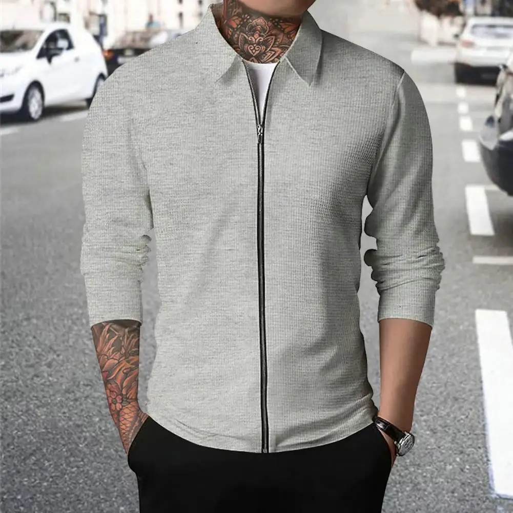 

Men Coat Stylish Men's Waffle Texture Cardigan Slim Fit Long Sleeve Jacket with Zipper Placket for Spring Autumn Outwear Long