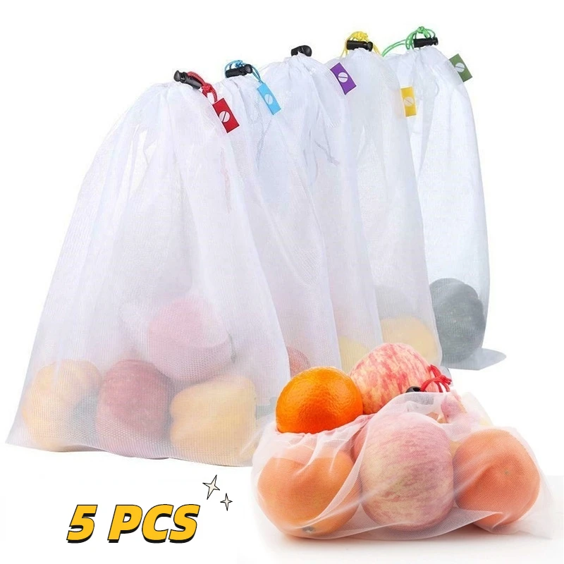 

5pcs Colorful Reusable Fruit Vegetable Bags Net Bag Produce Washable Mesh Bags Eco Friendly Kitchen Food Storage Packaging Bag