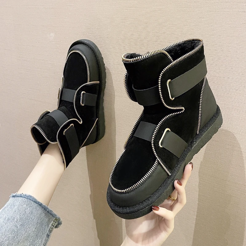

Зимние ботинки, женские теплые ботинки из искусственной замши на меху, новые ботильоны для девочек, Нескользящие дизайнерские ботинки с пряжкой на плоской подошве для женщин