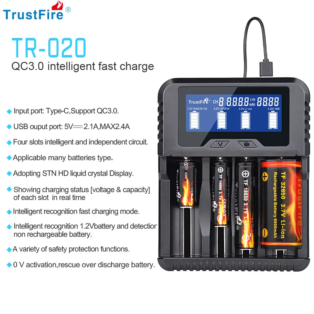 

TrustFire TR-020 4 Slot USB Smart Li-ion Battery Charger for 18650 26650 16340 14500 35650 Rechargeable Batteries