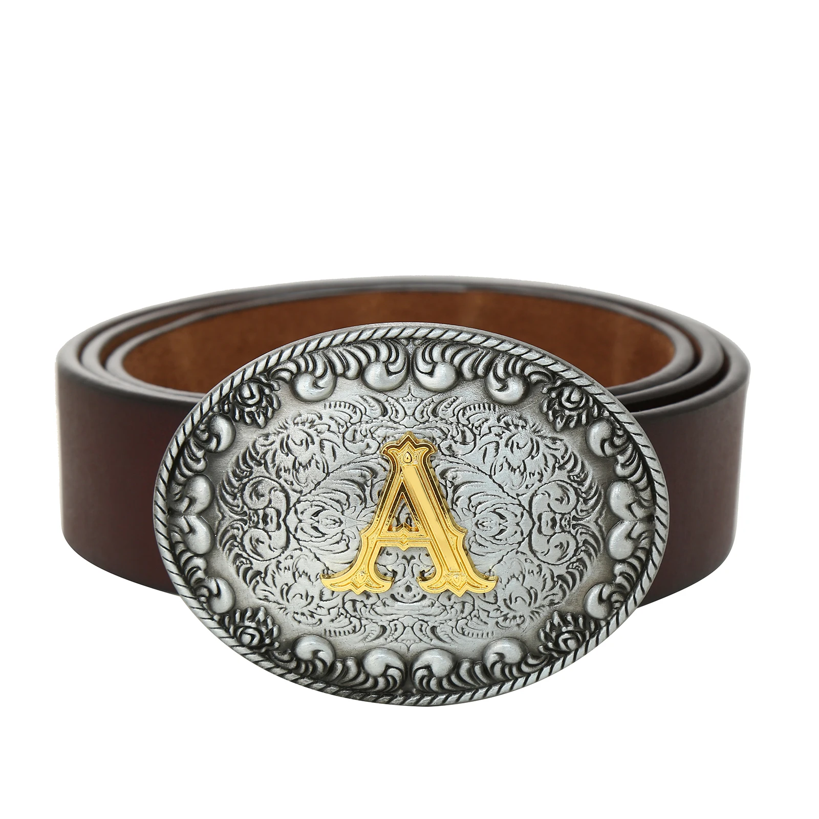 Western denim initials A-Z Zinc-alloy oval retro floral elements Men's belt buckle with leather belt jeans decorative accessorie