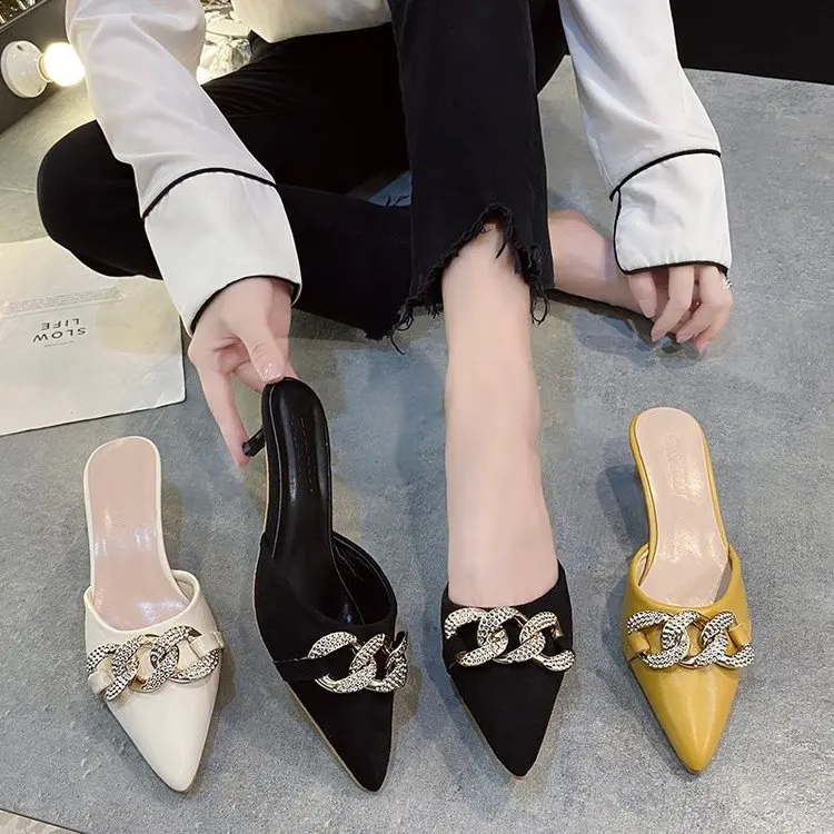 

New Women Slippers Pointed Toe Rubber Metal Chains Outsole Slides Footwear Fashion Casual Lady Mules Zapatillas Big Size 42
