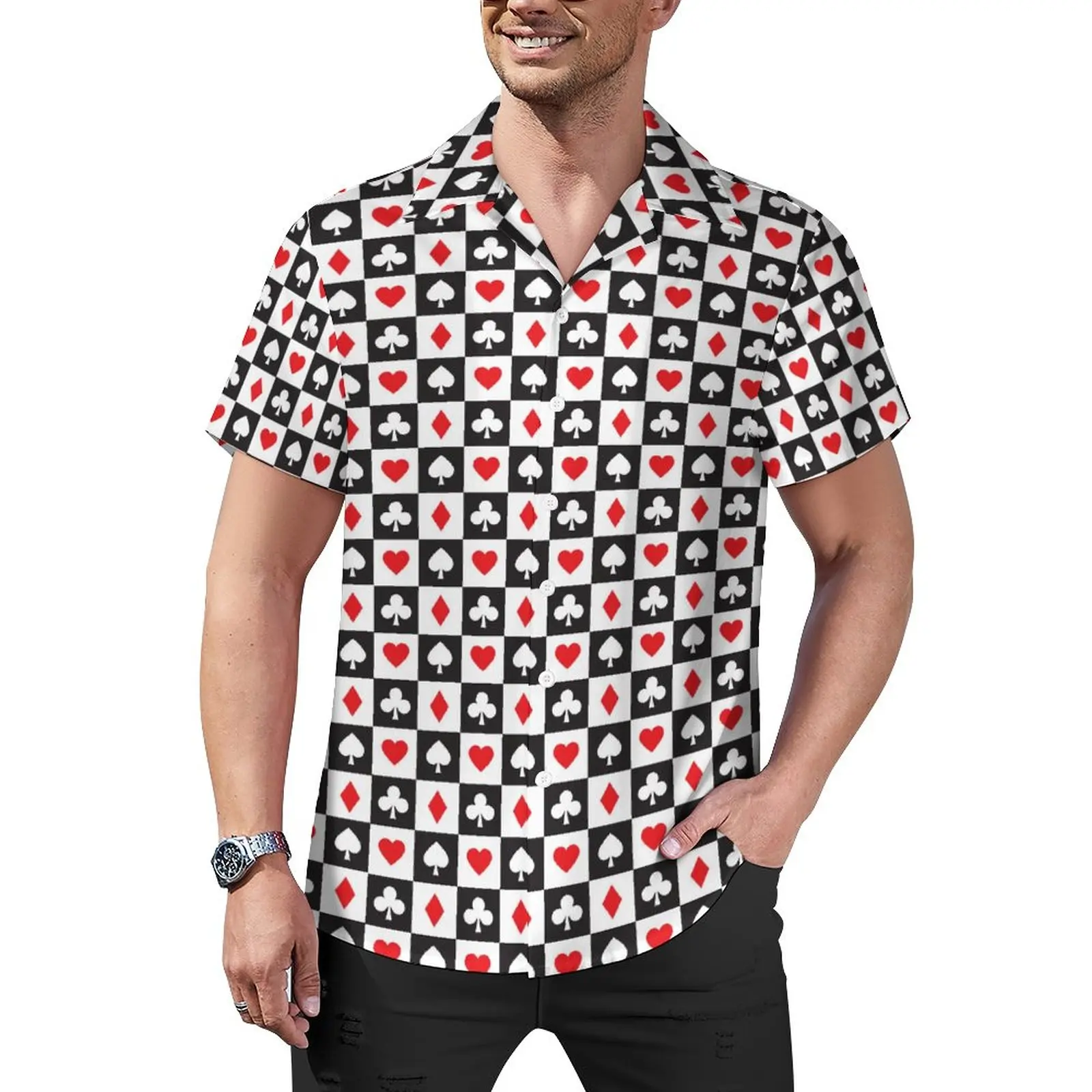 

Heart Playing Cards Loose Shirt Male Beach Poker Casual Shirts Hawaiian Custom Short-Sleeved Vintage Oversized Blouses