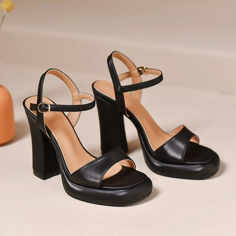 Summer Ankle Strap Sandal 12cm Women Pumps Sexy Peep Toe Square High Heels Woman Shoes Flock Platform Wedding Shoes Heels Women