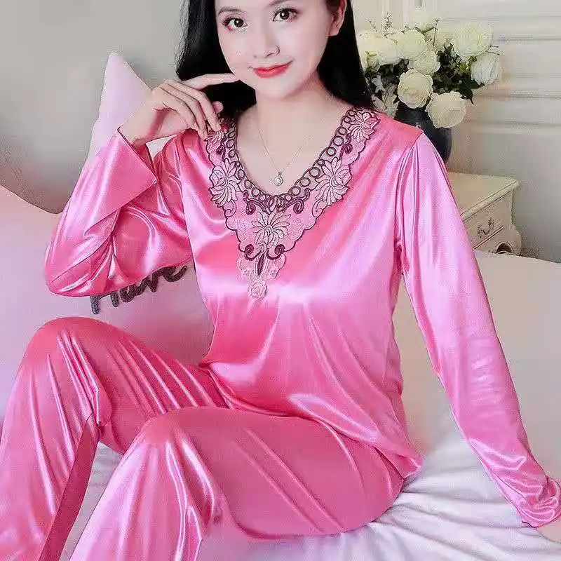 

Pajama Set 2022 Large Size Summer Ice Silk Pajamas Women Long-sleeved Trousers Silk Suit Thin Section Two-piece Home Service