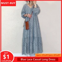 japan korean fashion blue lace casual long dress oversize a line v neck drapped streetwear 2021 maxi summer young girl dresses