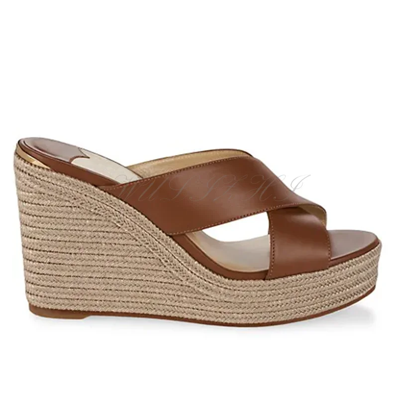Brown Leather Wedge Espadarille Sandals Women Sexy Cross Design Pink Leather Concise Slippers Casual Heels Sole Platform Shoes