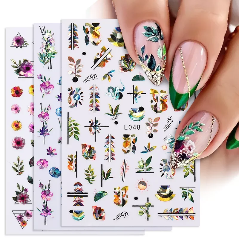 

2022NEW Nail Decals Holographic Stickers Flowers Leaves Spring Nail Art Transfer Manicure Decoration Stickers DIY