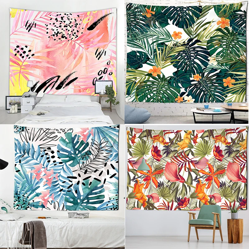 

Tropical Plant Tapestry Wall Hanging Palm Leaf Flower Pattern Tapestry Home Decor Bed Sheet Beach Mat Can Be Customized