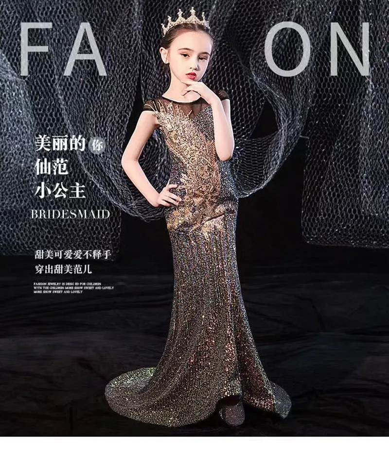 

Evening Dress for Girls Kids Elegant Gowns Teen Birthday Party Dresses Sexy Multicolor Sequins Graduation Performance Tail Dress