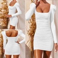 fashion long sleeve sexy black bodycon dress women square neck ruched backless white elegant mini party dresses for women 2021