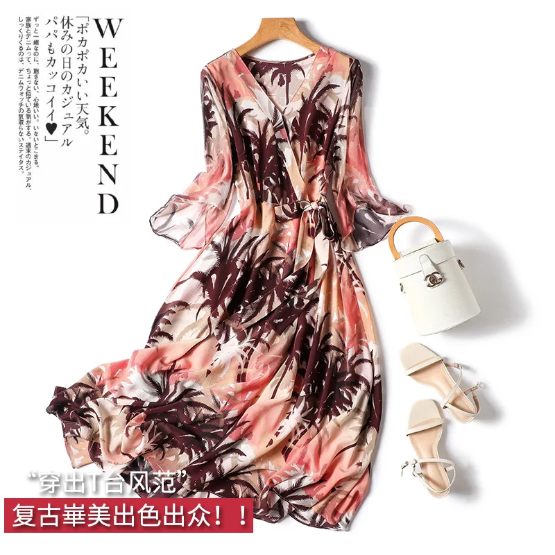 

Natural Silk Summer Dress Women 2023 A-LINE Ankle-Length Flare Three Quarter Sleeve V-Neck Vestido Largo Elegante Para Fiesta