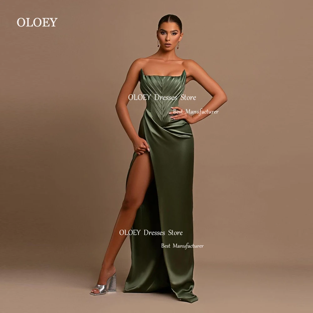 

OLOEY Modern Satin Army Green Satin Long Evening Dresses Strapless Boning High Split Sexy Prom Gowns Formal Party Vestidos 2023