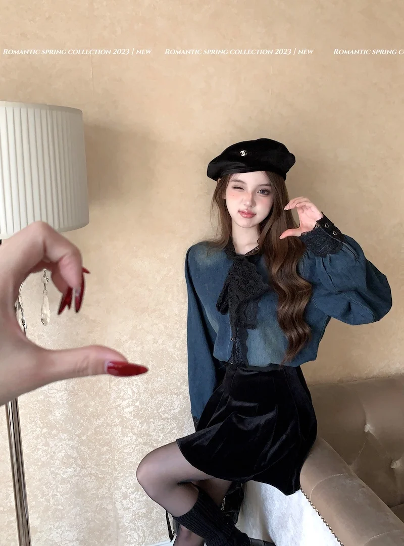 Гонконгская новинка Ретро рубашка из джинсовой ткани во французском стиле с