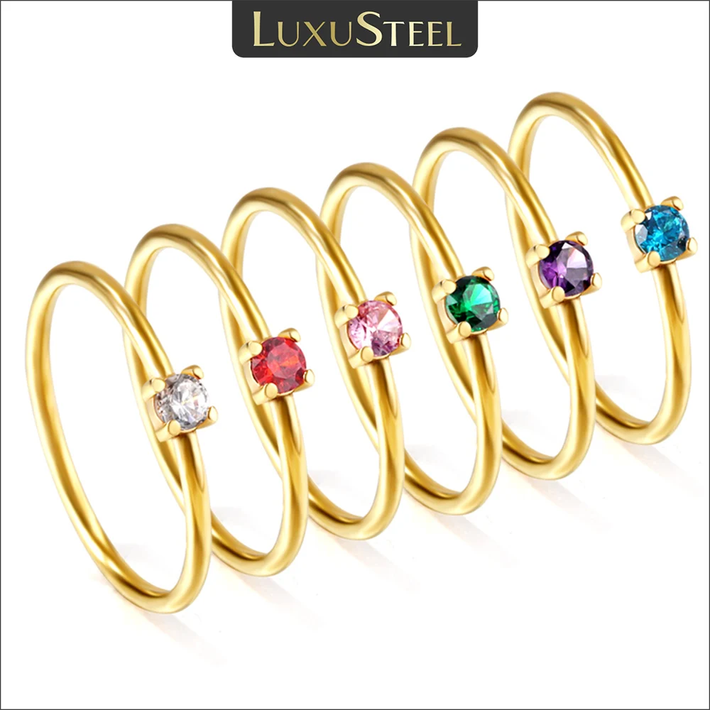 

LUXUSTEEL Thin Dainty Colorful Crystal Rings For Women Gold Color Stainless Steel Green Pink CZ Engagement Summer Finger Ring