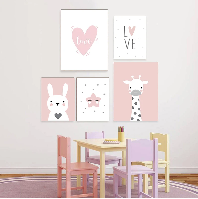 

Милый простой мультяшный розовый кролик, жираф, звезды, скандинавский холст, печать на холсте, настенный художественный постер, декор для де...