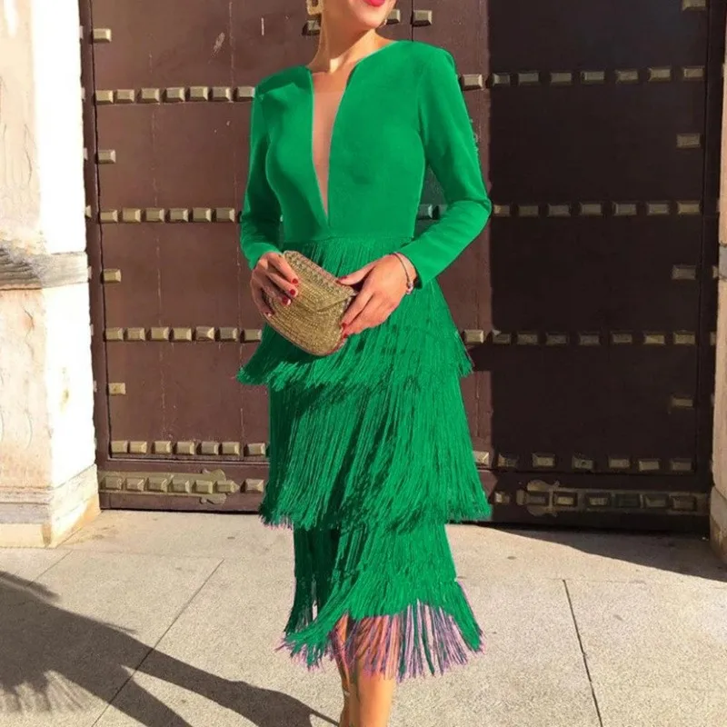

Women Formal Dress Tassel 2023 Green One Shoulder Midi Chic Robes Irregular Patchwork Big Size Event Party Evening Dresses