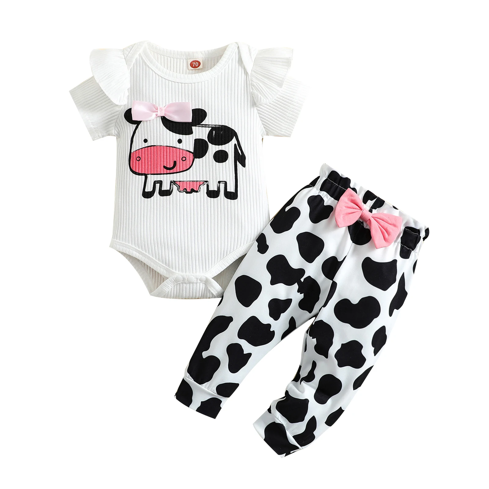 

2022-05-12 Lioraitiin 0-18M Infant Girls Summer 2Pcs Outfit Sets White Short Sleeve Ruffle Bodysuit Cow Print Pants Bowknot