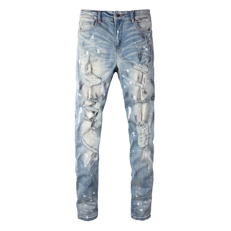 Streetwear Fashion Men Jeans Retro Gray Blue Elastic Stretch Skinny Ripped Jeans Men Painted Designer Hip Hop Brand Pants Hombre