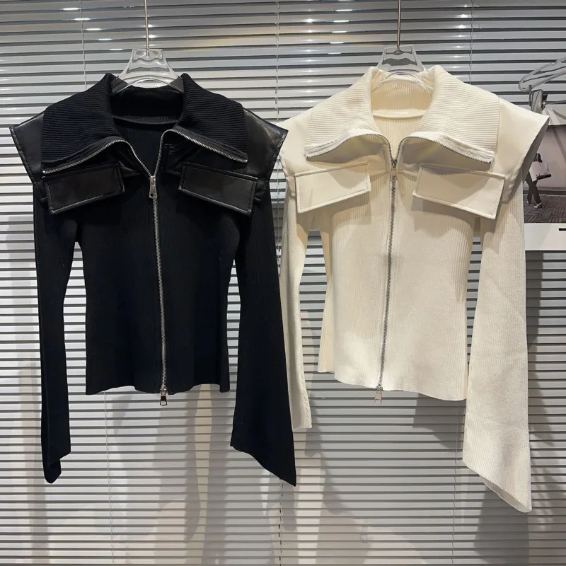 

BORVEMAYS Knitting Sweater Casual Loose Stretch Lapel PU Leather Long Sleeve Solid Color Autumn New Zipper Cardigan WZ5446