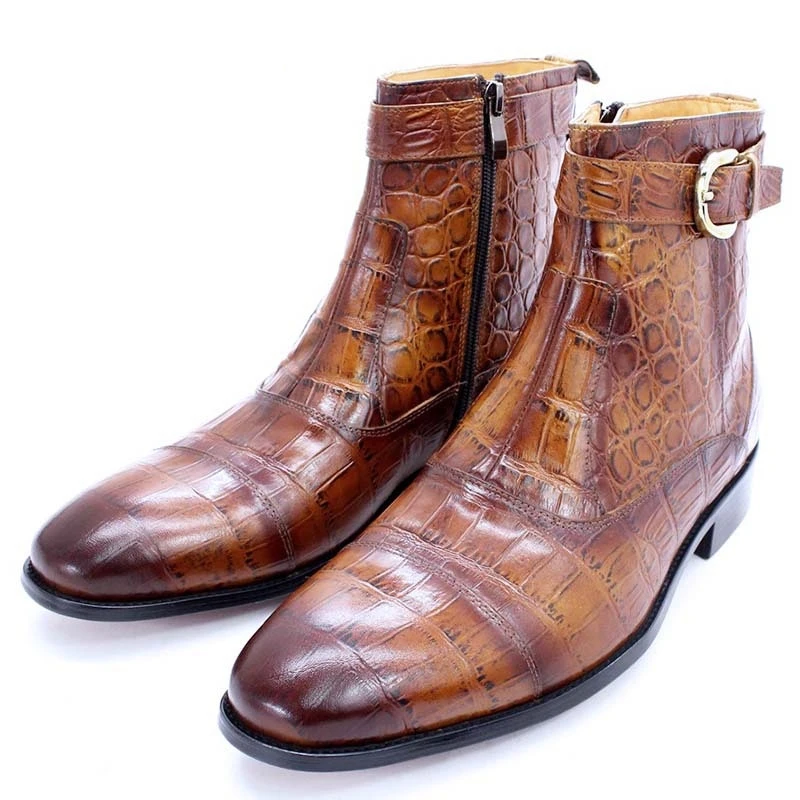 

Vintage Ankle Boots Mens Black Brown Blue Crocodile Print Genuine Leather Shoes Zip Buckle Wedding Office Chelsea Boots E014