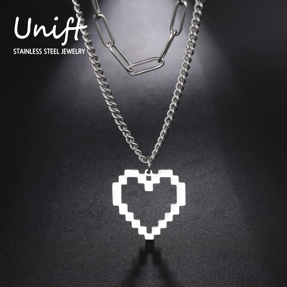 

Unift Женское Двухслойное колье из нержавеющей стали, ожерелье в форме сердца с мозаикой в виде сердца, украшение в стиле хип-хоп