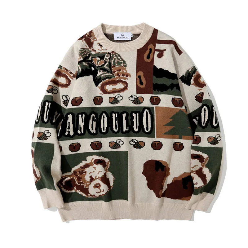 

American Retro Pattern Printed Men's Sweater Round Neck Loose Color Matching Knit Couple High Street Fashion Casual Long Sleeves