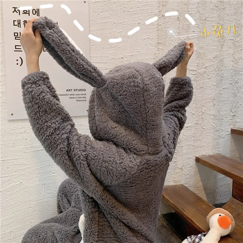 New Student Lovely Thickened Plush Warm Hooded Lambhair Home Clothes One Piece Pajamas for Women Autumn Winter Anime 2023 Cute