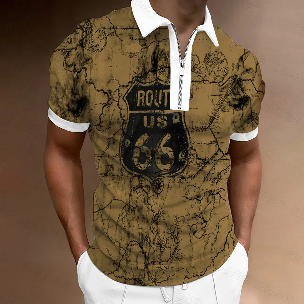 Summer men's business short sleeve polo shirt American Route 66 3D printed men's slimming high-quality lapel breathable clothing