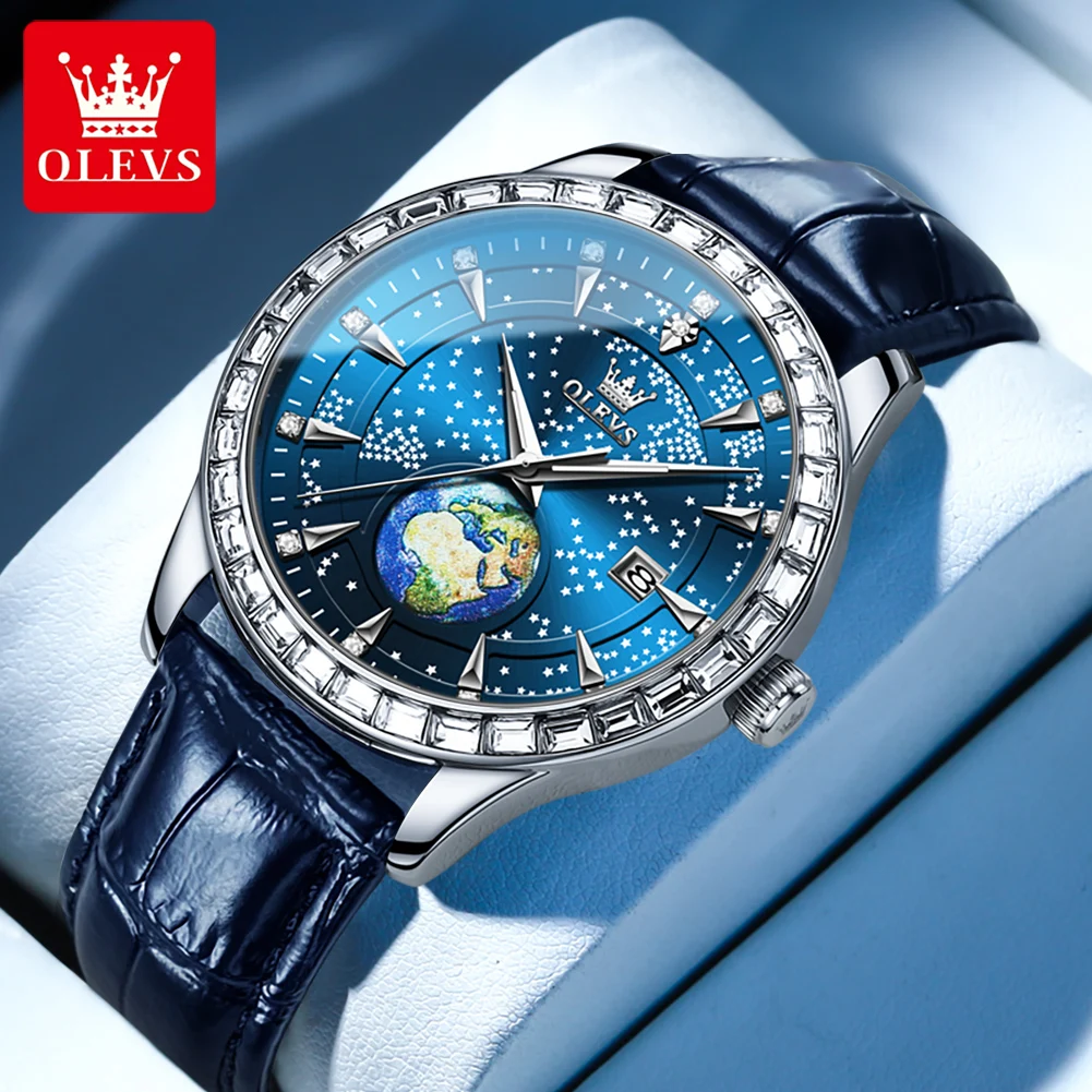 

OLEVS 9967 Luxury Globe Starry Sky Men's Quartz Wristwatches Leather Strap Calendar Waterproof Luminous Watch for Men Male Clock